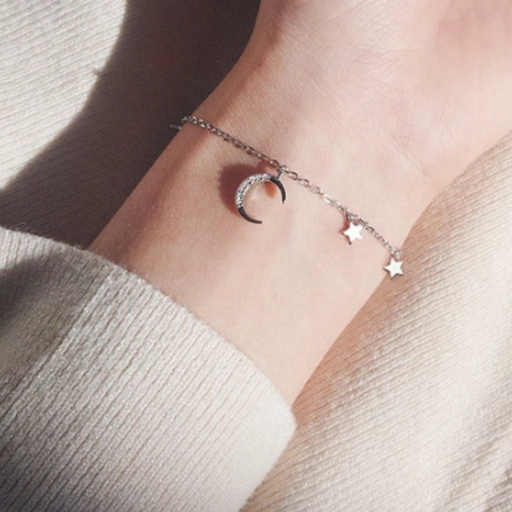 S925 sterling silver crescent moon stars bracelet - Picture 1 of 8